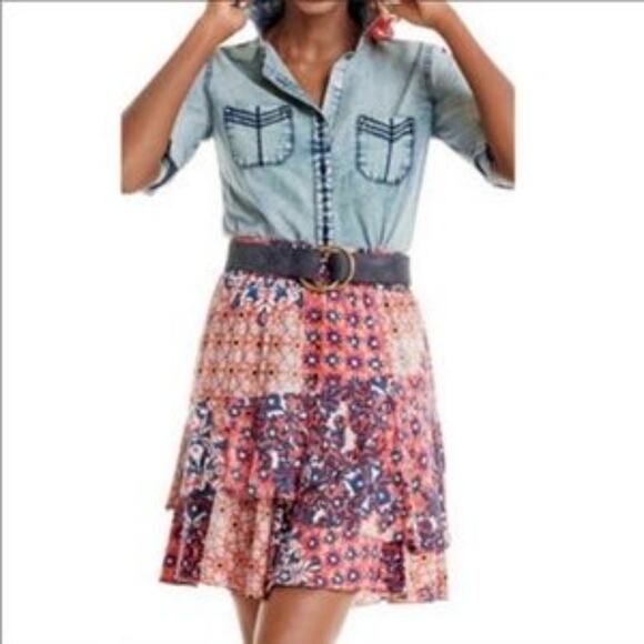CAbi Isabel Patwork Boho Mini Skirt XS Pink Purple Asymmetrical Tiered Ruffled - Picture 1 of 14
